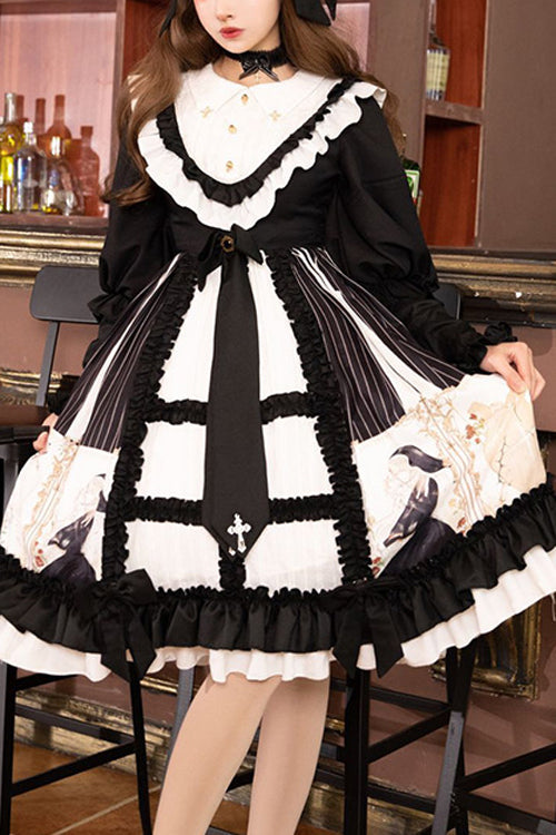 Black Doll Collar Long Sleeves Ruffled Anthem Print Gothic Lolita OP Dress - Black - 1