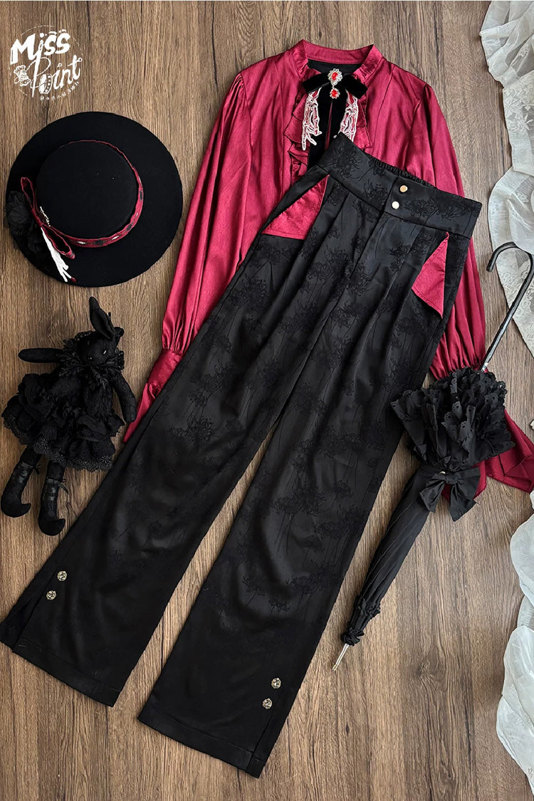 Black/Red [Moonlit Return] Jacquard Printed Lace-Up Gothic Elegant Ouji Lolita (Blouse/Pants/Shorts/Vest) - Pants(Only) - 11