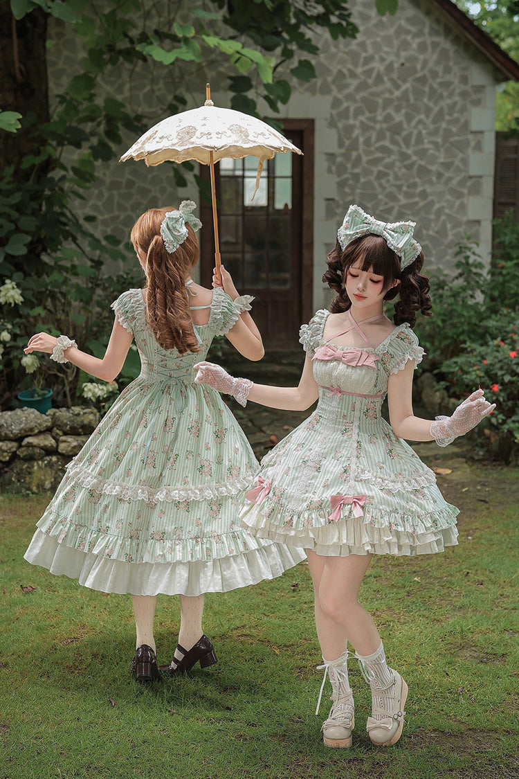 Green [An Encounter with Austin] Square Collar Short Sleeves Multi-Layered Rose Printed Ruffled Bow Lace Sweet Lolita Dress 2 Versions - Product - 13