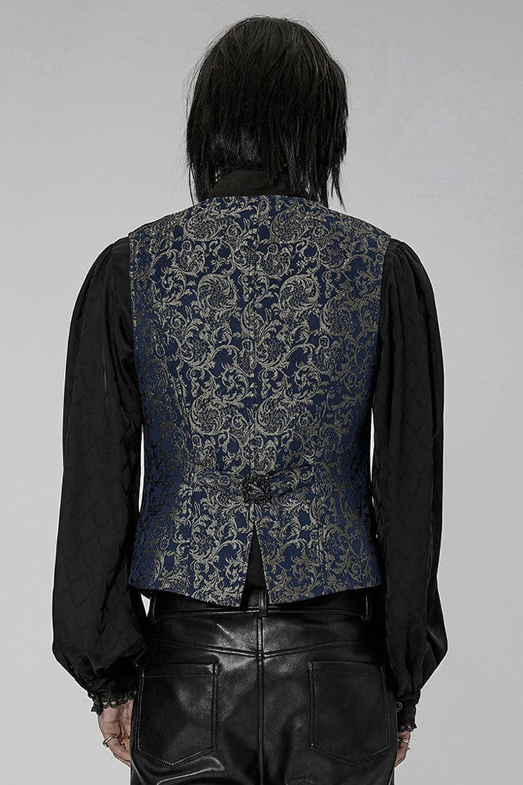 Blue Punk Gorgeous V Neck Asymmetrical Relief Sculpture Jacquard Double Row Hand Seam Button Men's Vest - Product - 3