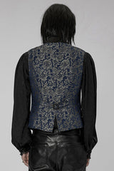 Blue Punk Gorgeous V Neck Asymmetrical Relief Sculpture Jacquard Double Row Hand Seam Button Men's Vest - Product - 3