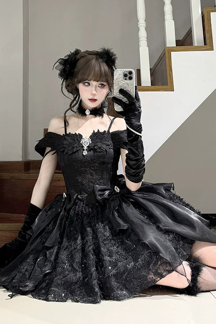 Black [Feathers Floating In The Air] Square Collar Flutter Sleeves Embroidered Bow Lace Gothic Lolita Jsk Dress - Product - 4
