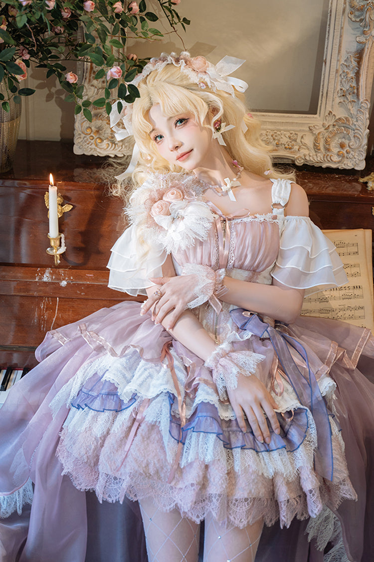 Pink/Purple [Rose Memoirs] Sleeveless Multi-Layered Bowknot Lace Sweet Lolita Skirt Set - Product - 3