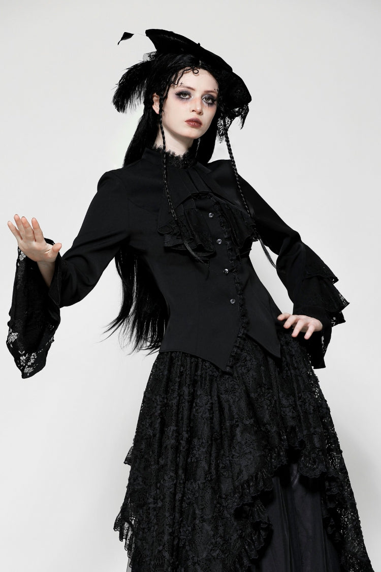 Black Lace Stand Collar Multi-Layered Ruffled Long Flared Sleeves Women's Gothic Blouse - Black - 1