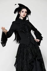 Black Lace Stand Collar Multi-Layered Ruffled Long Flared Sleeves Women's Gothic Blouse - Black - 1