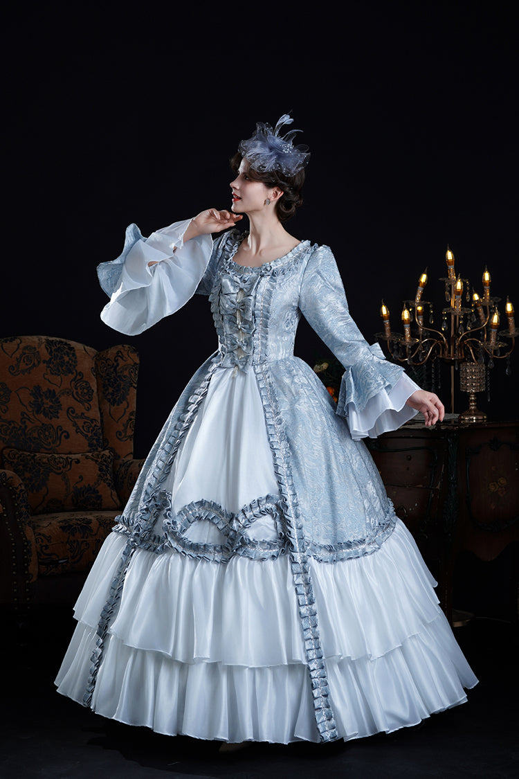 Blue Long Trumpet Sleeves Jacquard Ruffle Bowknot Princess Lolita Victorian Dress - Product - 4