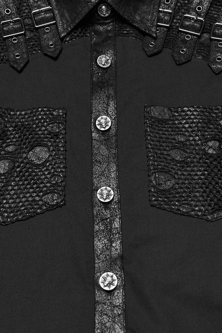 Black Lapel Collar Long Sleeves Stitching Buckle Straps Men's Punk Blouse - Product - 6