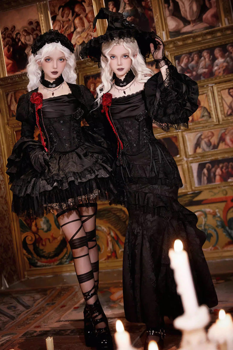 Black  [Letters & Poems · Twilight] Multi-Layered Jacquard Ruffled Witch Gothic Lolita Skirt 2 Versions - Product - 2