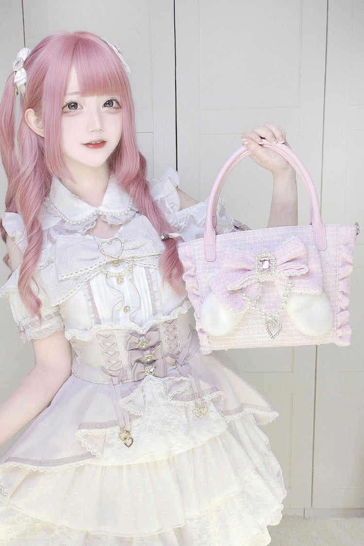 Sweet Ruffle Bowknot Zipper Pearl Chain Japanese Lolita Handbag 4 Colors - Product - 4
