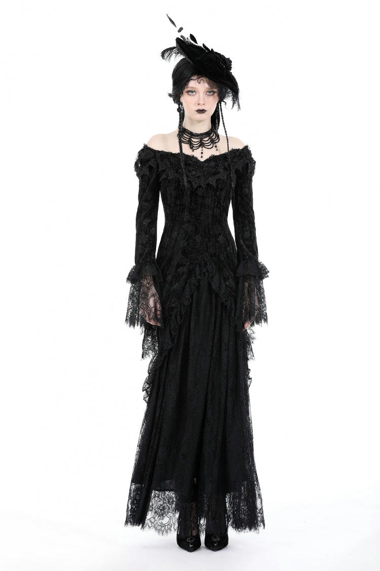 Black Off Shoulder Lace Long Trumpet Sleeves Lace-Up Women's Gothic Bodycon Dress - Product - 5