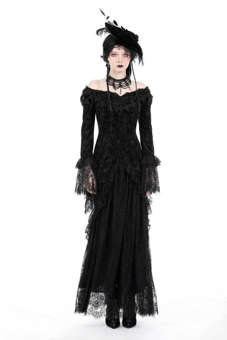 Black Off Shoulder Lace Long Trumpet Sleeves Lace-Up Women's Gothic Bodycon Dress - Product - 5