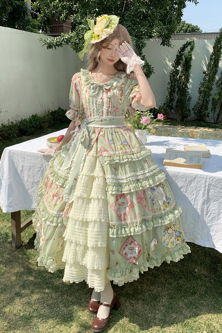 Green [Cat Rose Tea] Short Sleeves Print Ruffle Cardigan Bowknot Sweet Gorgeous Lolita Dress - Product - 3