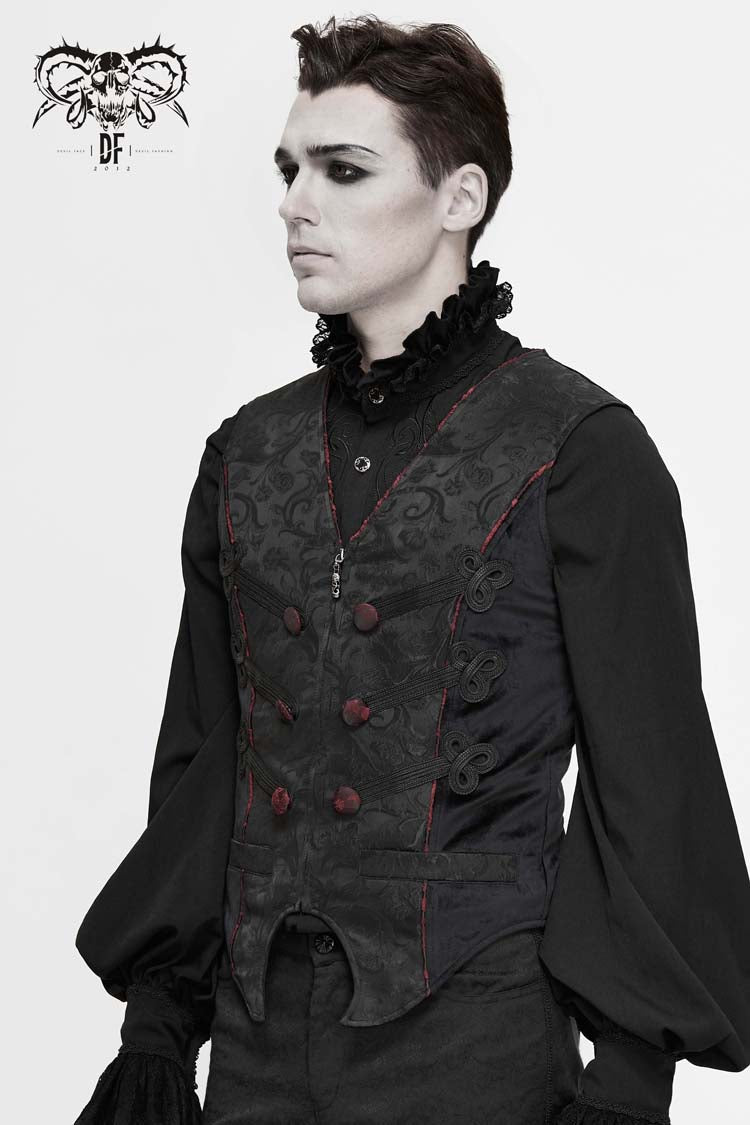 Black Dark Jacquard Chest Plate Buttons Back Lace Up Men's Gothic Waistcoat - Product - 2