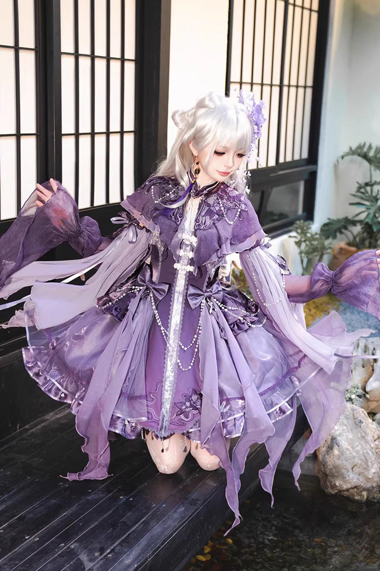 Purple Stand Collar Embroidered Pearl-Decorated Gothic Lolita Jsk Dress Set - Product - 5