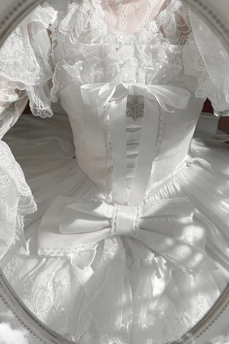 White/Pink [Snow of Love] Ruffled Hanayome Open-Front Bow Lace Sweet Princess Lolita Dress - Product - 8