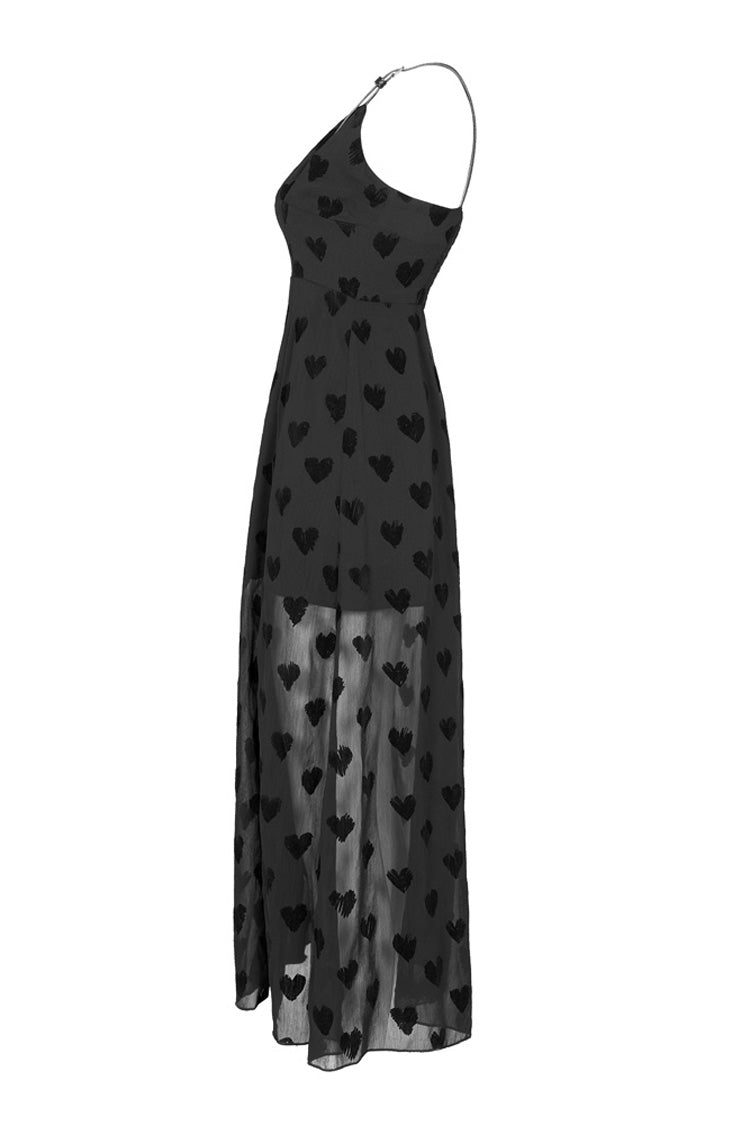 Black Heart Chiffon Waist Leather Sling Long Women's Gothic Dress - Product - 6