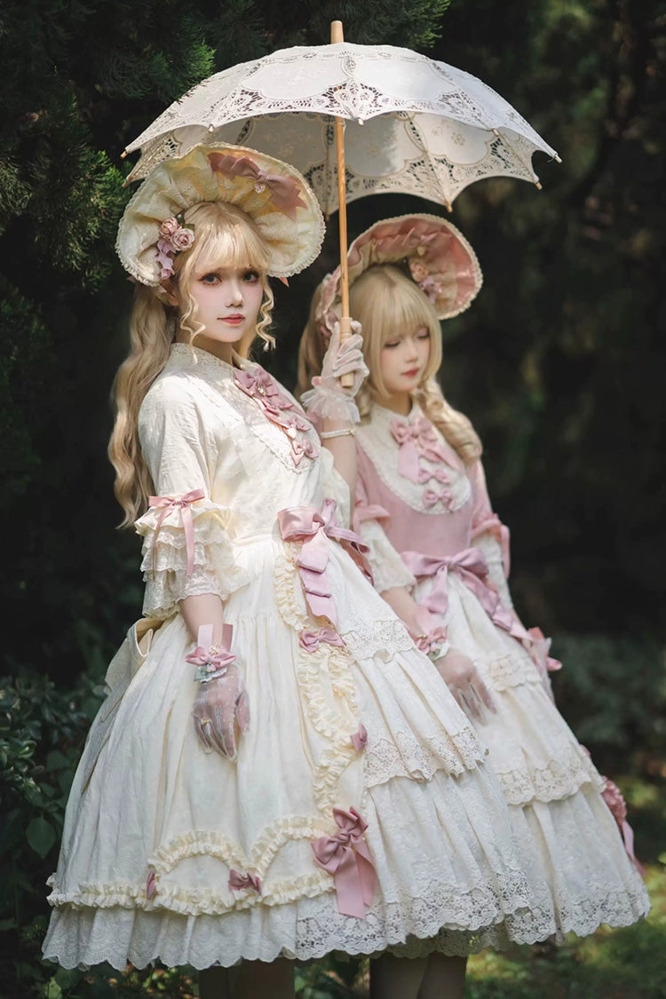 Pink [Lilica Garden] Lapel Collar Short Trumpet Sleeves Ruffled Open-Front Bow Lace Sweet Elegant Luxurious Lolita Dress - Product - 6