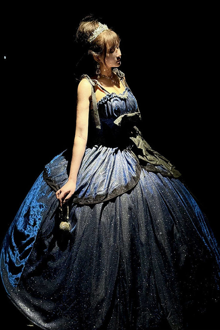 Blue [Galaxy of Fallen Tears] Sleeveless Glitter Series Ruffled Bow Asymmetric Sweet Lolita Jsk Dress - Product - 5