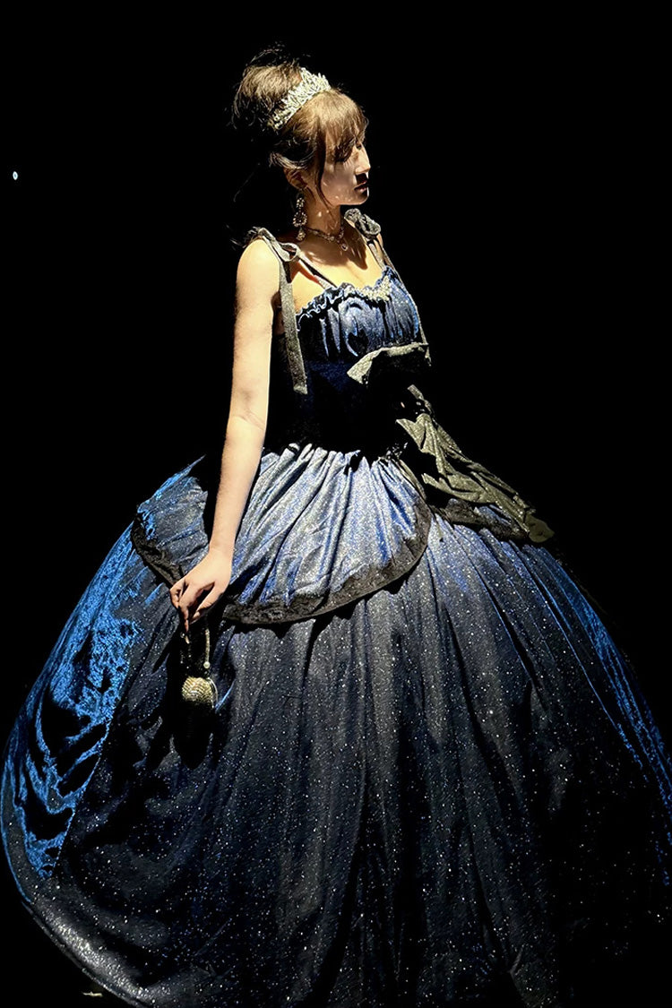 Blue [Galaxy of Fallen Tears] Sleeveless Glitter Series Ruffled Bow Asymmetric Sweet Lolita Jsk Dress - Product - 5
