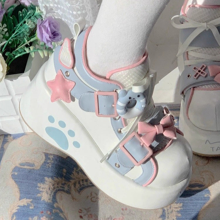 Sweet Bear Paw Print Bowknot Lolita Ankle Boots 2 Colors - White/Blue - 5