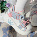 Sweet Bear Paw Print Bowknot Lolita Ankle Boots 2 Colors - White/Blue - 5