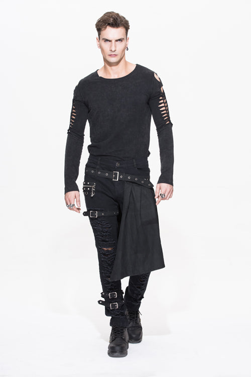 Black Adjusted Loops Punk Rock Holes Ripped Mens Pants Collocation Skirt - Product - 3