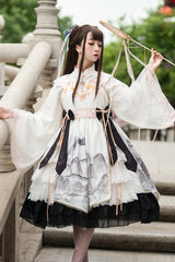 Chinese Style Long Sleeves Landscape Painting Print Bowknot Sweet Elegant Lolita Dress 2 Colors - White/Black - 2