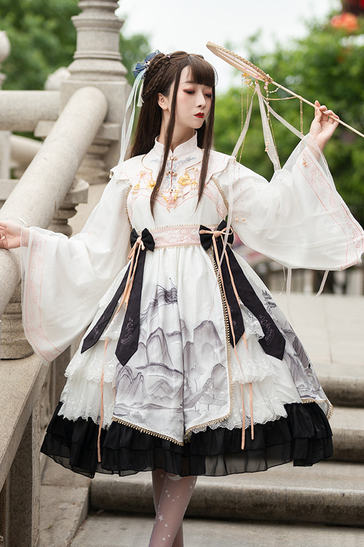 Chinese Style Long Sleeves Landscape Painting Print Bowknot Sweet Elegant Lolita Dress 2 Colors - White/Black - 2