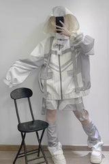 White/Grey Cyberpunk Functional Style Long Sleeves Hooded Jirai Kei Coat - White/Grey - 1