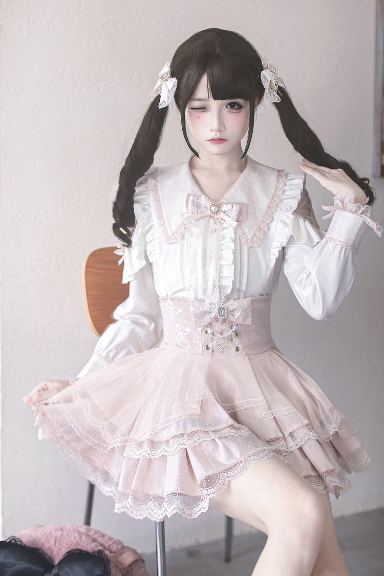 White/Pink [Dreamy Love Ballad] Lapel Collar Long Sleeves Double-Layered Ruffled Cut-Out Bow Gothic Japanese Jirai Kei Skirt Set - Product - 6