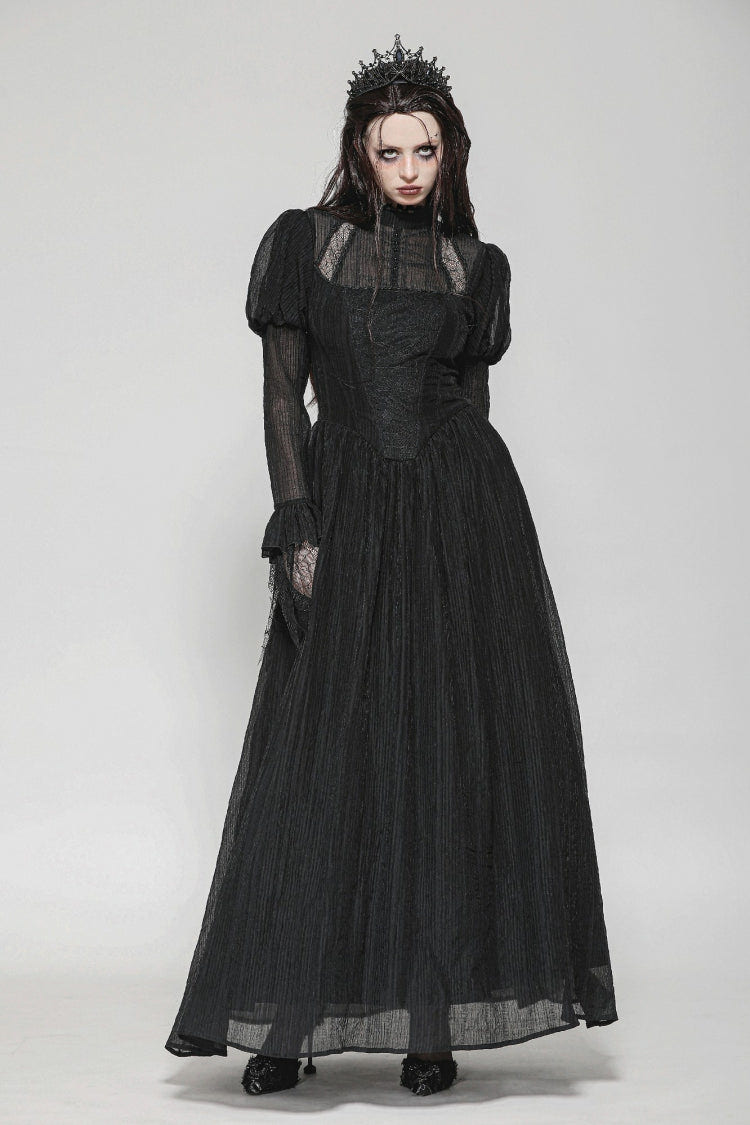 Black Women's Gothic Ruffled Stand Collar Long Puff Sleeves Spiderweb Splice Witch Maxi Dress - Product - 10