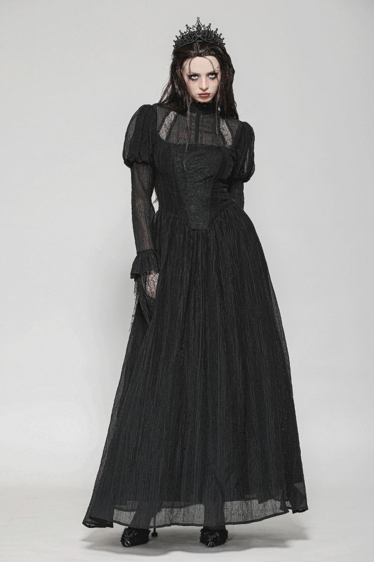 Black Women's Gothic Ruffled Stand Collar Long Puff Sleeves Spiderweb Splice Witch Maxi Dress - Product - 10