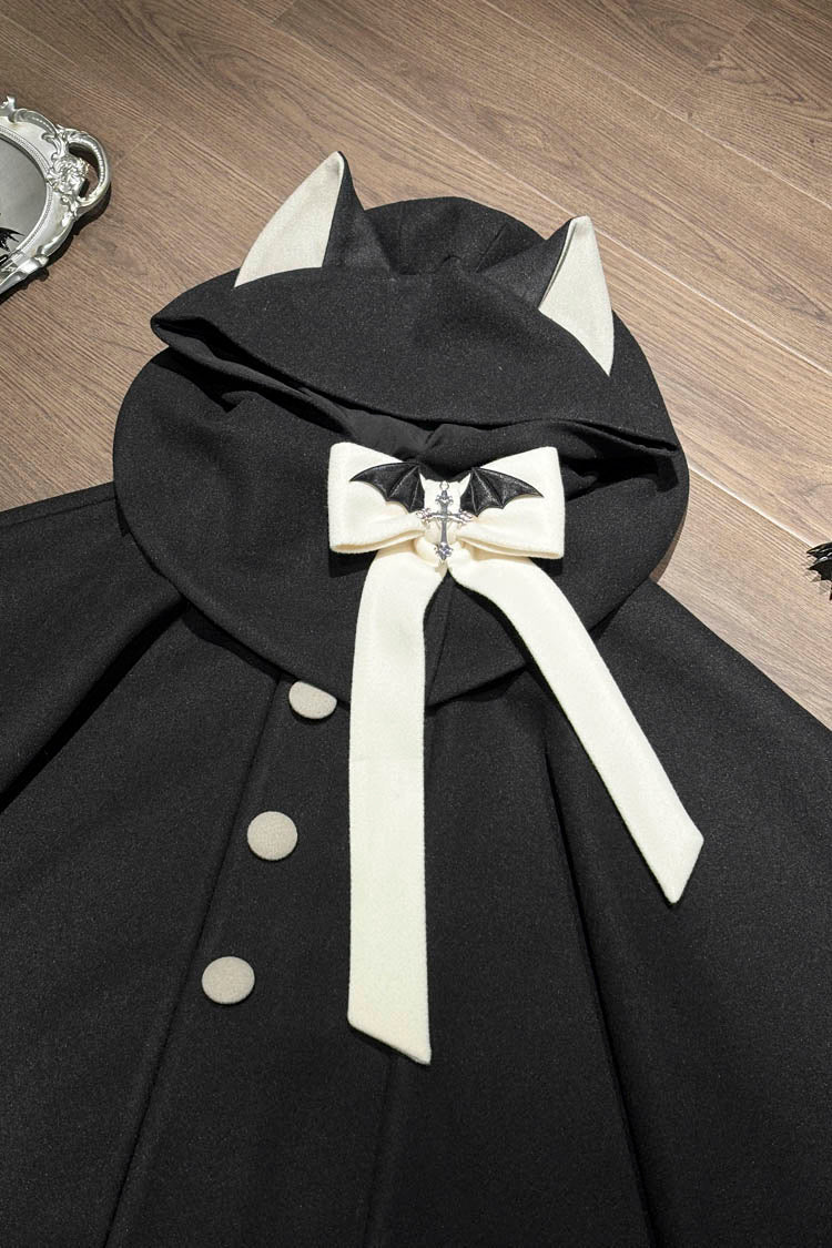 Black/Pink Bat Bowknot Cloak Wool Sweet Lolita Coat - Product - 5