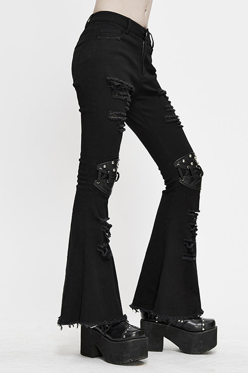 Black Punk Nailed Knee Cutoff Bellbottomed Womens Pants - Product - 2