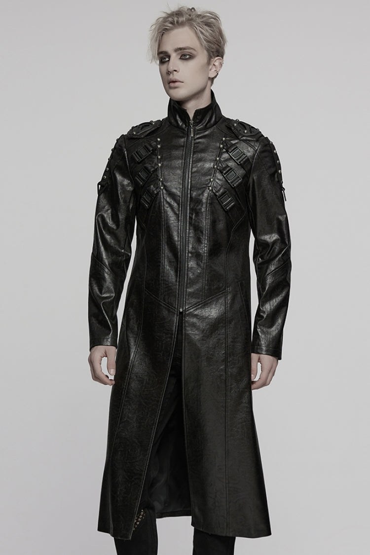 Black Stand Collar Long Sleeves Faux Leather Buckle Men's Punk Coat - Black - 1