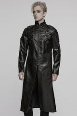 Black Stand Collar Long Sleeves Faux Leather Buckle Men's Punk Coat - Black - 1