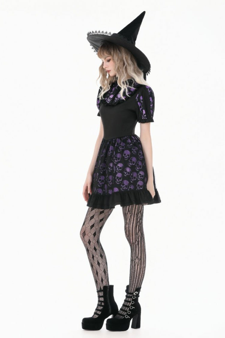 Black/Purple Short Puff Sleeves Skull Printed Lace-Up Women's Lolita Gothic Dress - Product - 12
