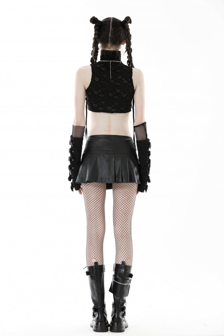 Black Faux Leather Metal Belt Buckled Pleated Women's Punk Mini Skirt - Product - 4