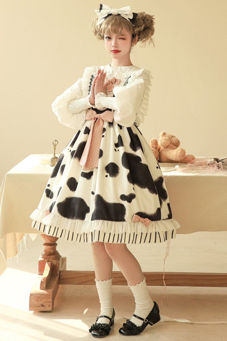 Milk Cow Print Ruffle Bowknot Sweet Lolita Jsk Dress 5 Colors - Product - 12
