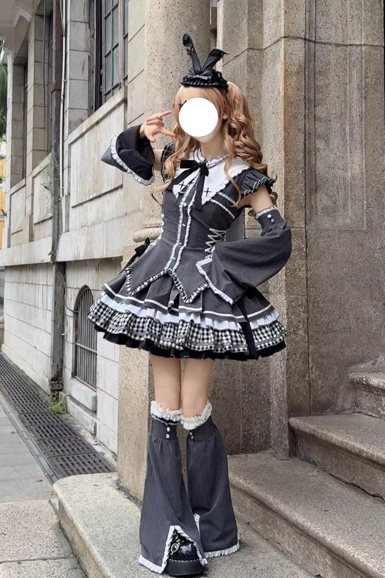 ブラック [Berlin Covenant] 取り外し可能な袖 姫袖 プリント フリル リボン レースアップ ゴシックロリータワンピースセット 商品画像