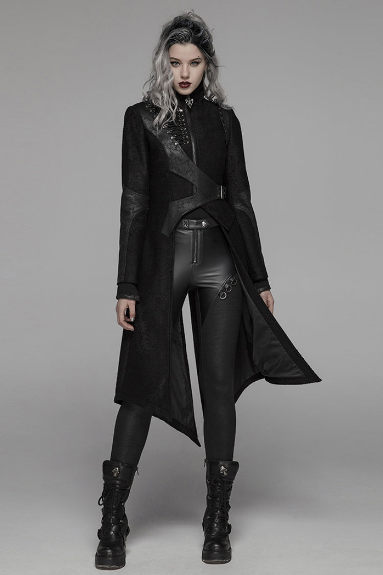 Black Stand Collar Long Sleeves Asymmetric Design Stitching Irregular Womens Steampunk Coat - Product - 4