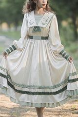 Beige Embroidered Large Lapel Collar Long Sleeves High Waisted Long Sweet Lolita OP Dress - Beige - 1