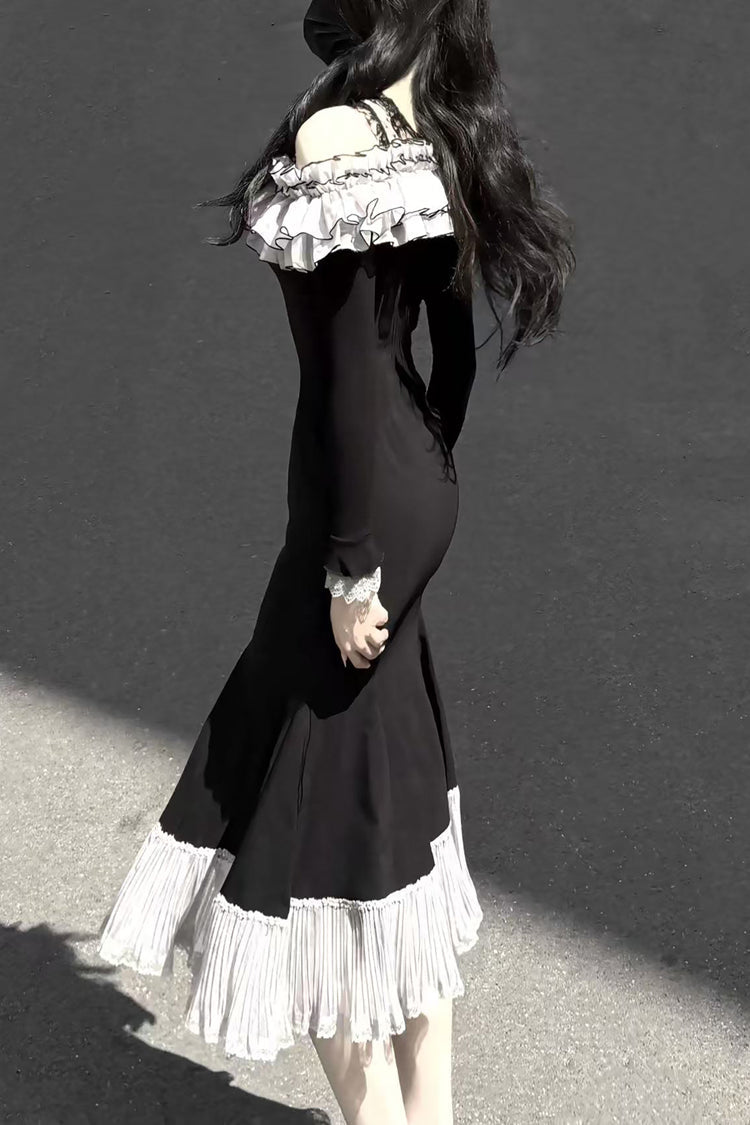 Black [Night Cherry Blossoms] Long Sleeves Ruffle Bowknot Daily Sweet Elegant Lolita Fishtail Dress - Product - 10