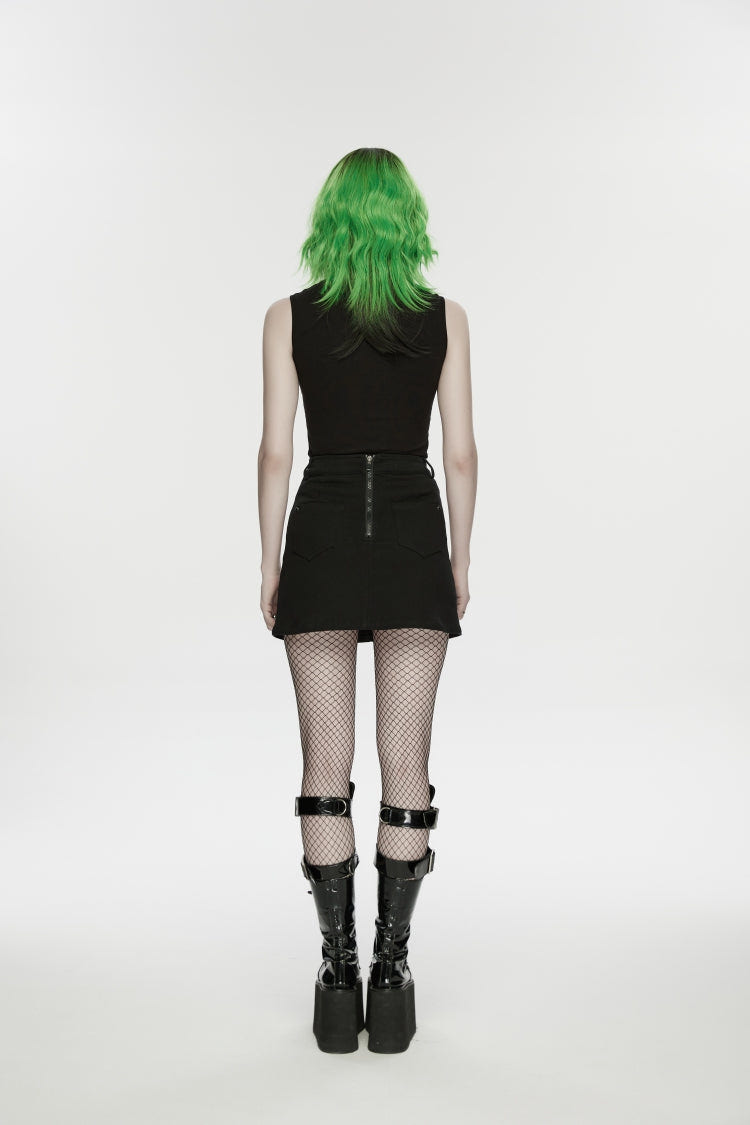 Black Embroidered Zippered Women's Punk Skull Embroidered Cool Big Pocket Skirt - Product - 3