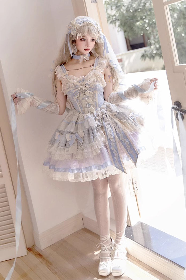 Blue [Moonstone] Sleeveless Ruffle Embroidery Bowknot Lace Fishbone Sweet Princess Lolita Dress - Product - 2