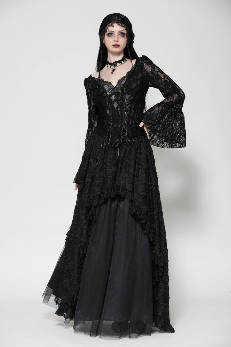 Black Deep V Collar Long Trumpet Sleeves Lace Lace-Up Women's Gothic Corset Top - Product - 10