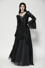 Black Deep V Collar Long Trumpet Sleeves Lace Lace-Up Women's Gothic Corset Top - Product - 10