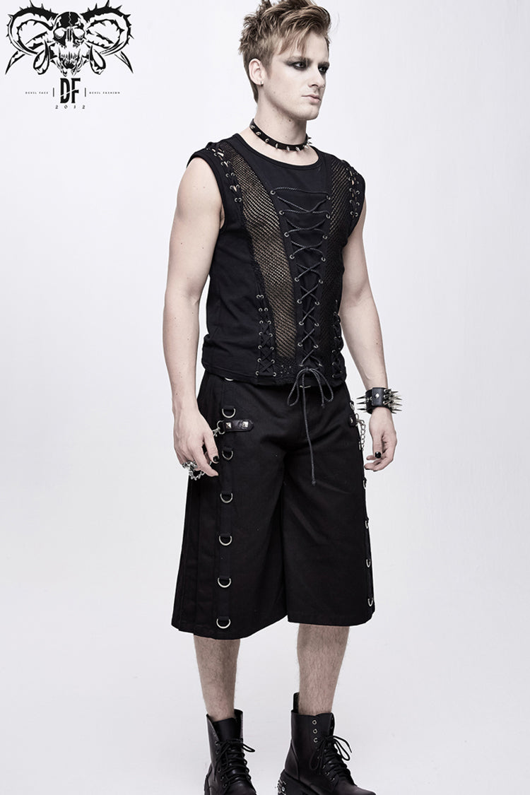 Black Chest Lace Up Splice Coarse Grain Men's Punk Vest - Product - 3
