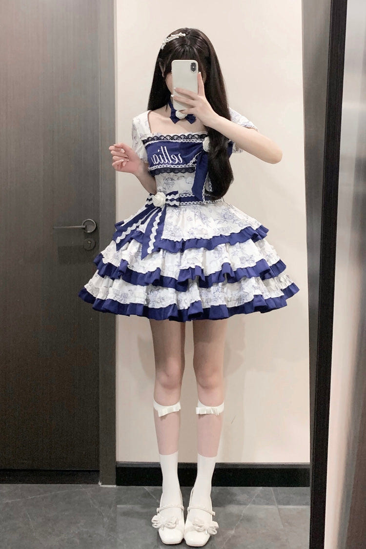 Blue/White Porcelain Print Multi-layer Ruffle Embroidery Bowknot Sweet Lolita Dress - Product - 8