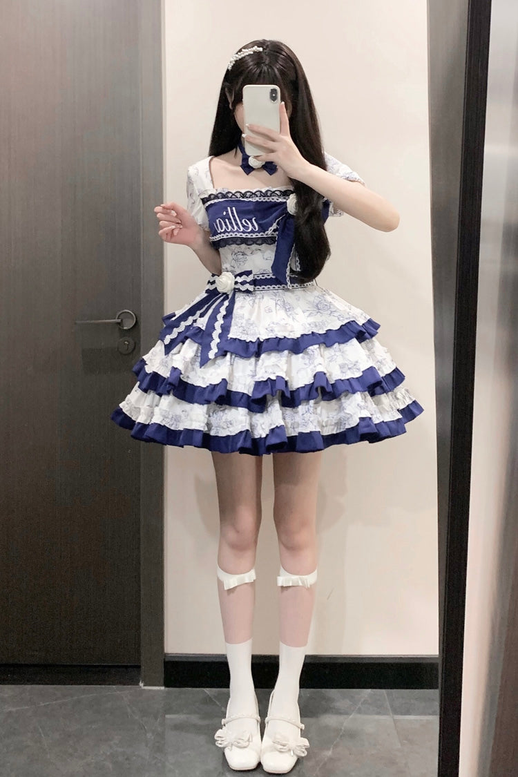 Blue/White Porcelain Print Multi-layer Ruffle Embroidery Bowknot Sweet Lolita Dress - Product - 8